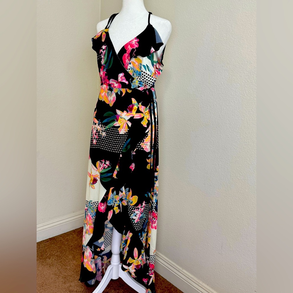 Flying Tomato Women’s Wrap Maxi Floral Polka Dot Dress Sz M Sleeveless Hawaiian‎